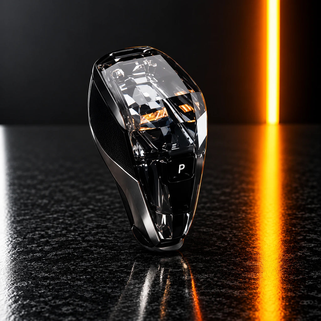 BMW RHD crystal gear shift knob, front angle with amber ambient light