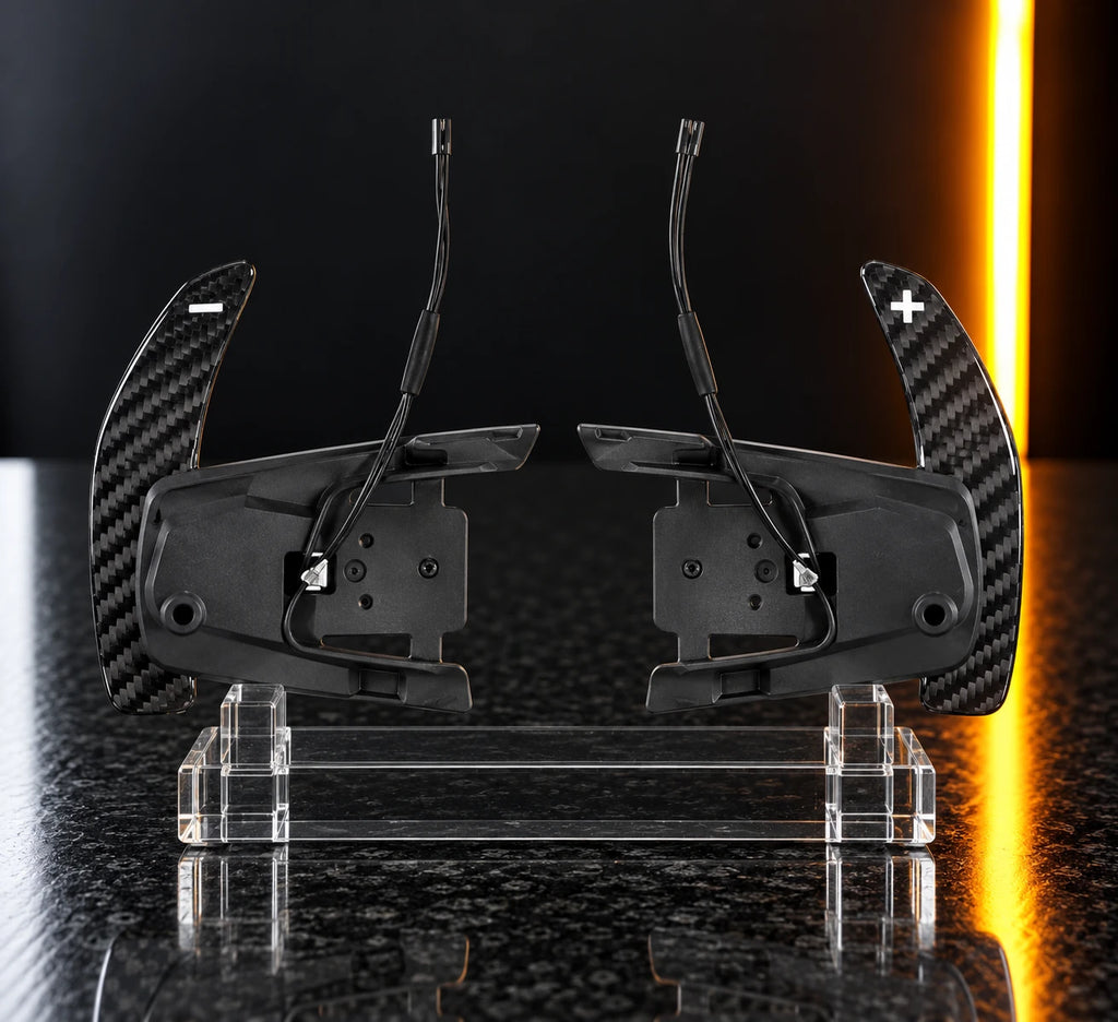 Volkswagen magnetic carbon fibre paddle shifter, glossy finish detail