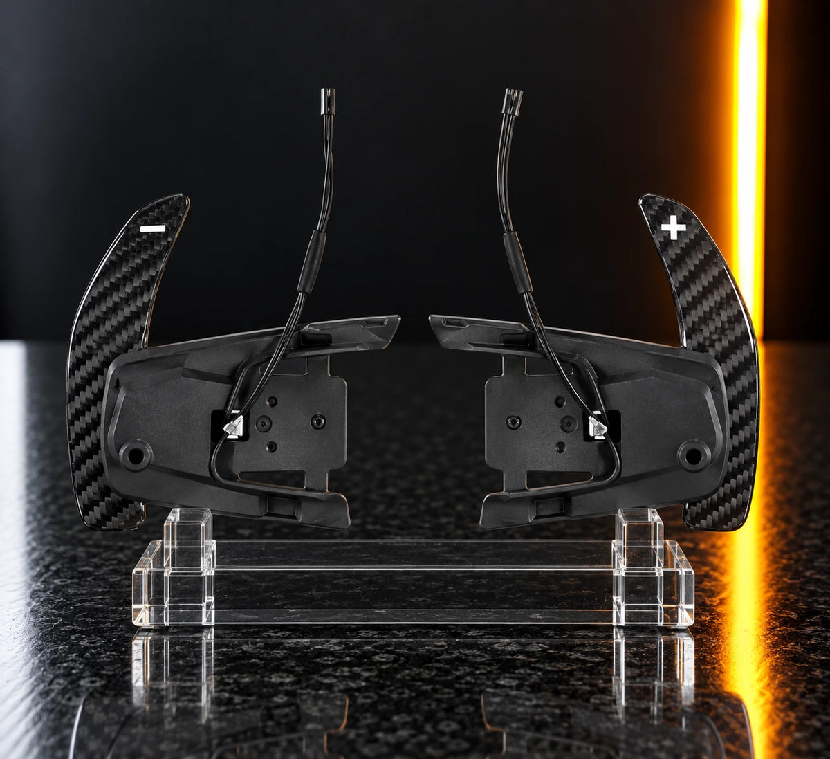 Volkswagen magnetic carbon fibre paddle shifter, glossy finish detail