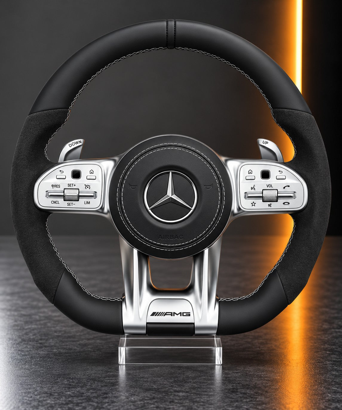 Mercedes-AMG — Black Leather Steering Wheel, Silver Trim (Complete Unit)