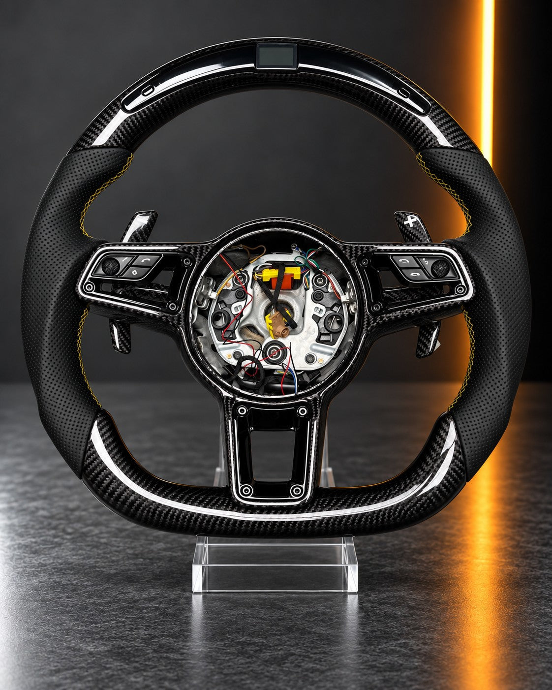 Porsche — Carbon Fibre Steering Wheel with Display Strip, Yellow Stitch